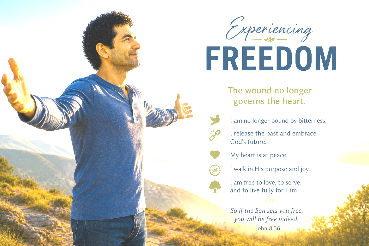 A man with arms outstretched on a hilltop at sunrise, experiencing freedom — John 8:36