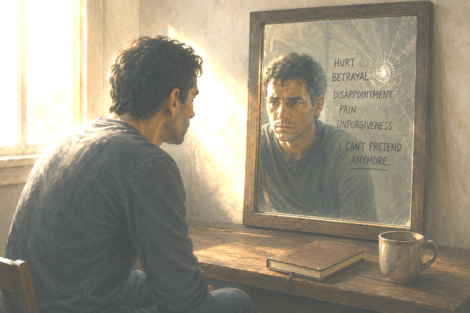 A man before a cracked mirror inscribed with hurt, betrayal, pain, unforgiveness